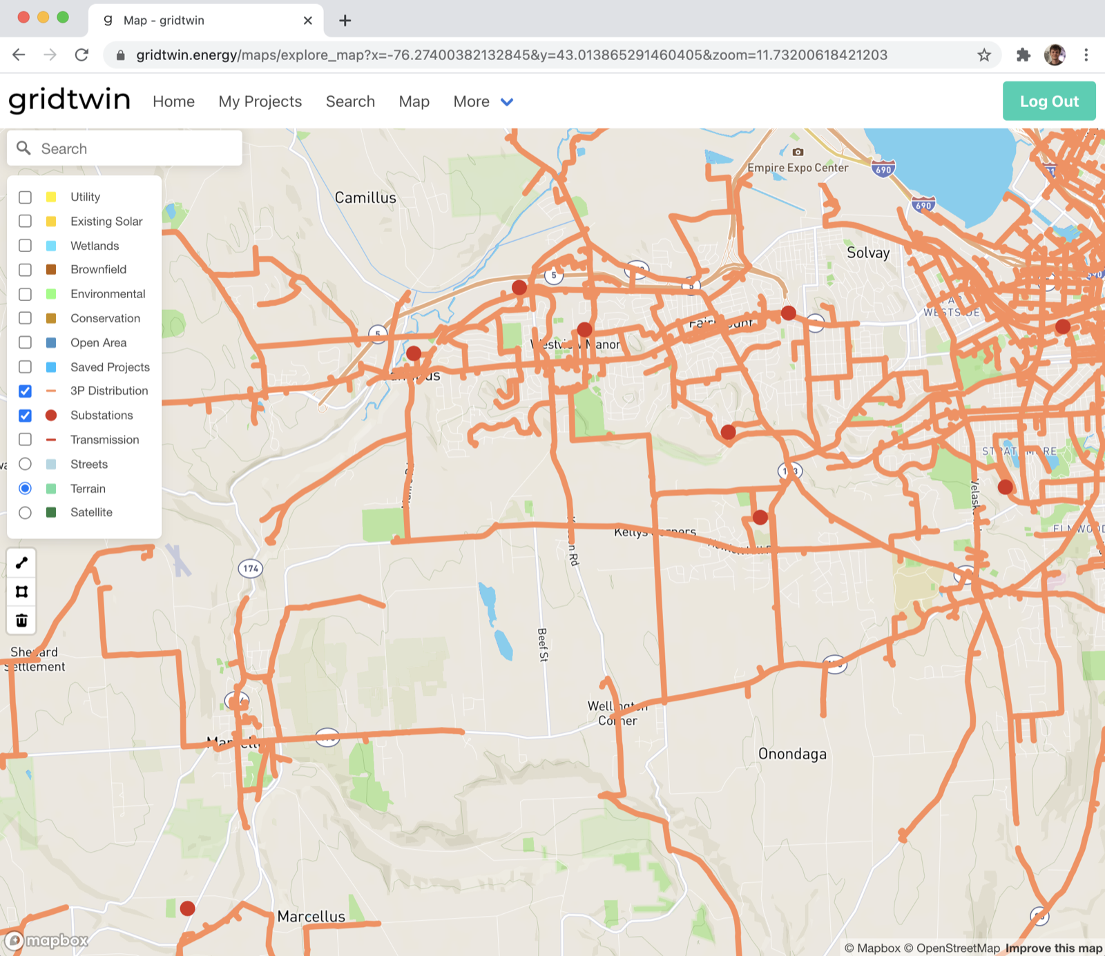 Distribution network model with feeders on the map