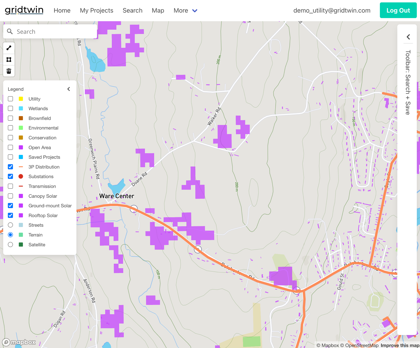 Ground-mount solar forecast map with candidate parcels across a territory