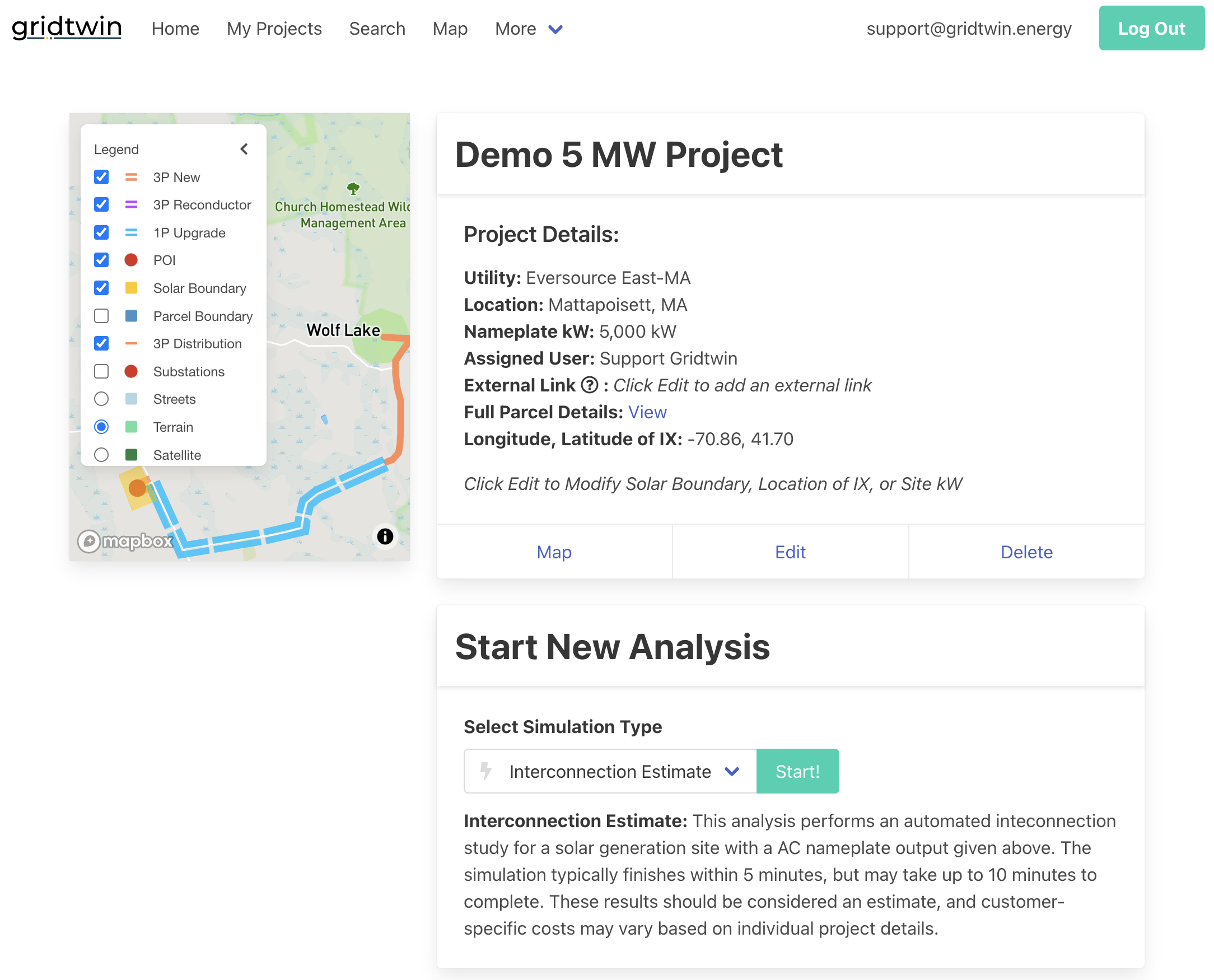 Interconnection study with a new service line routed on the map