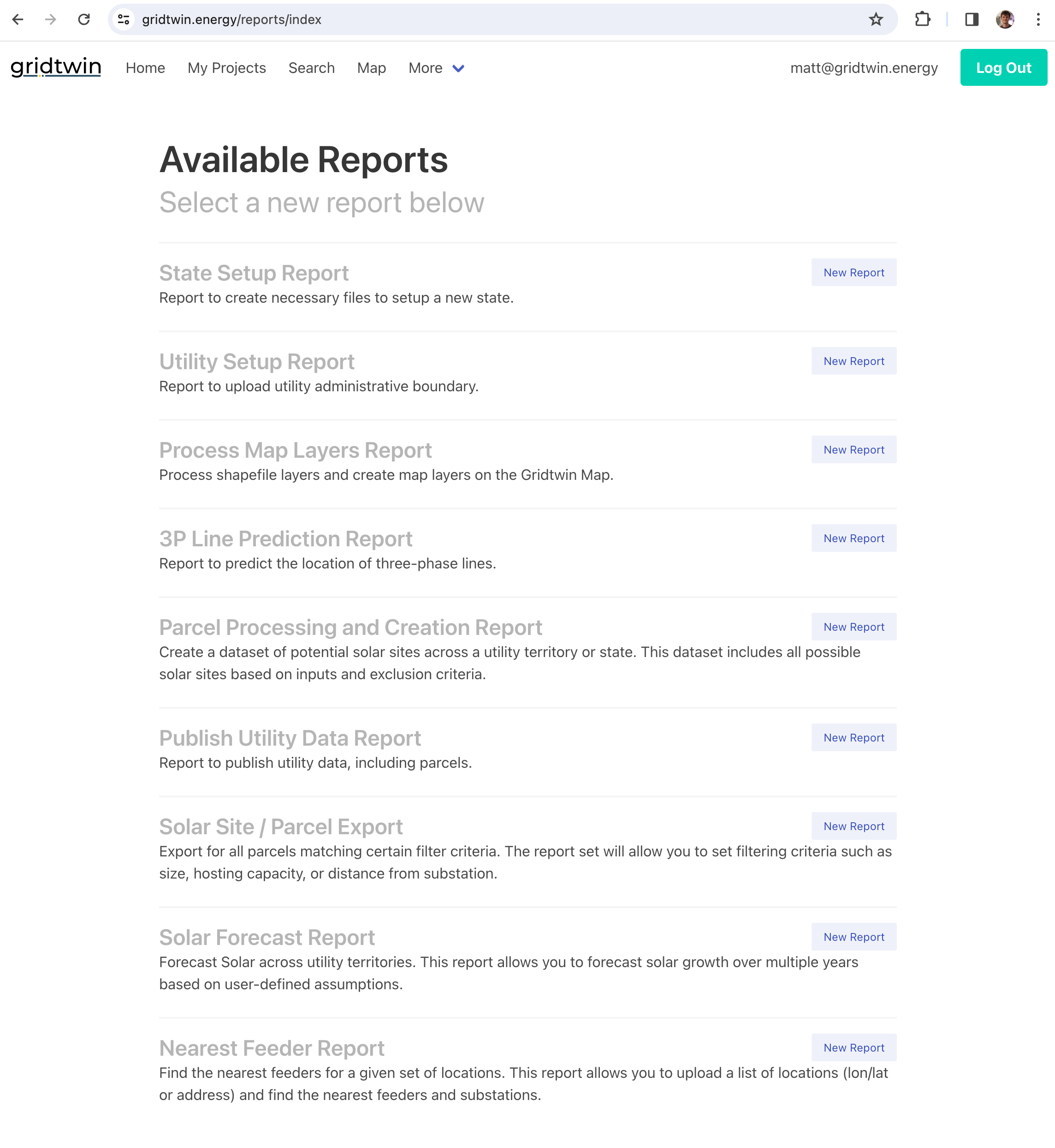 Available reports list in Gridtwin