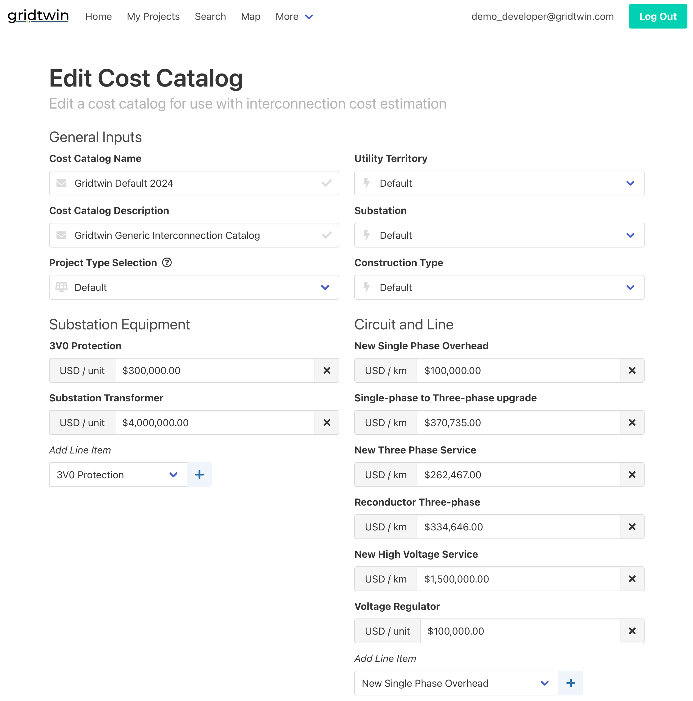 Cost catalogs screenshot