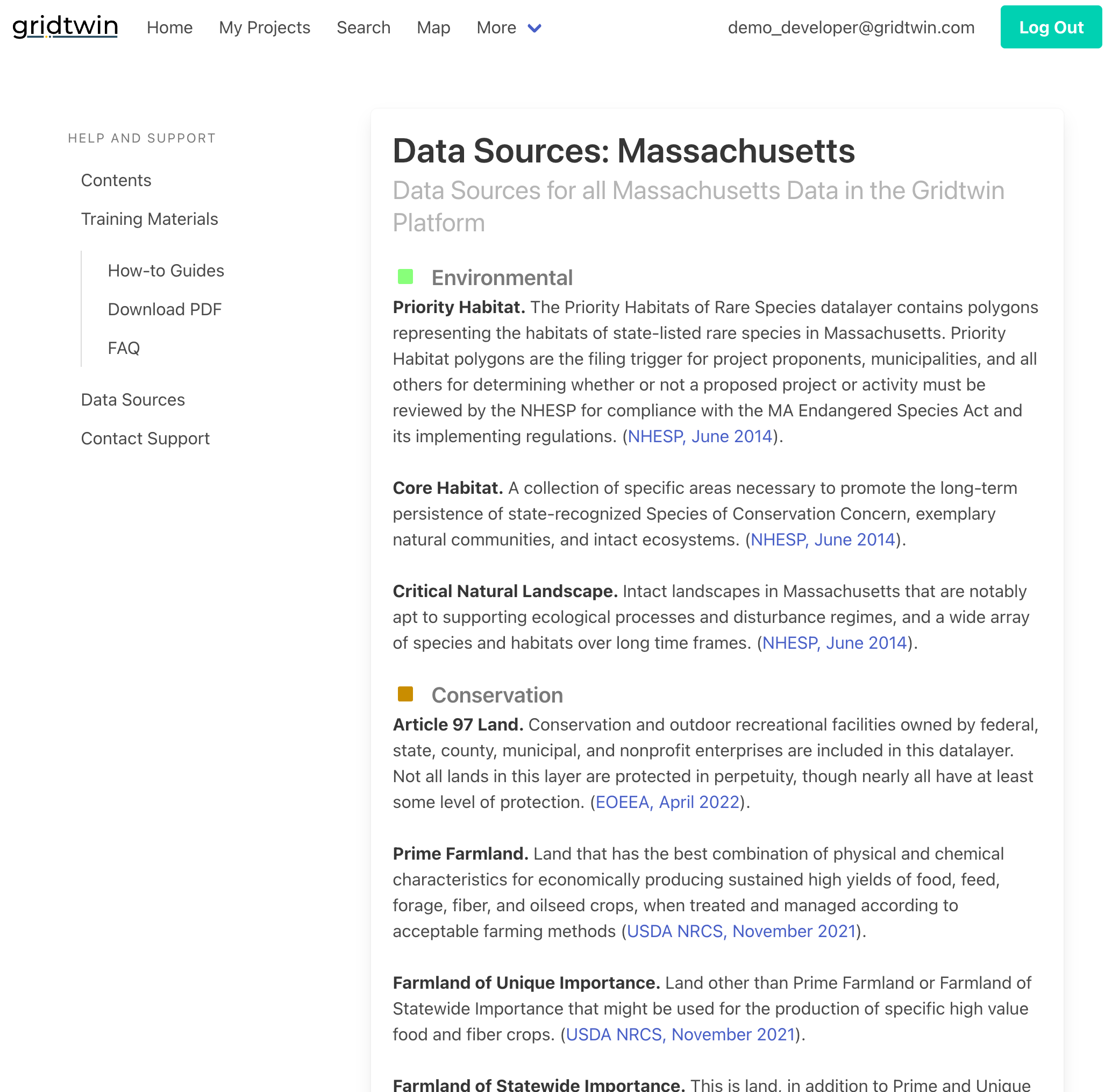 Data sources and documentation pages