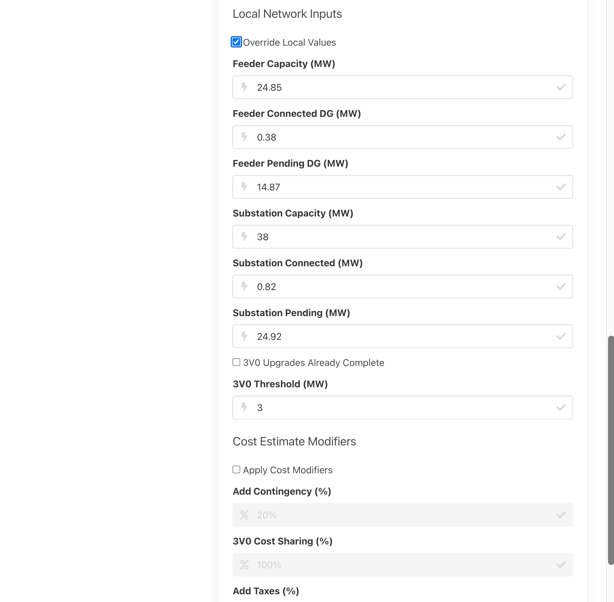 Override feeder and substation capacity values