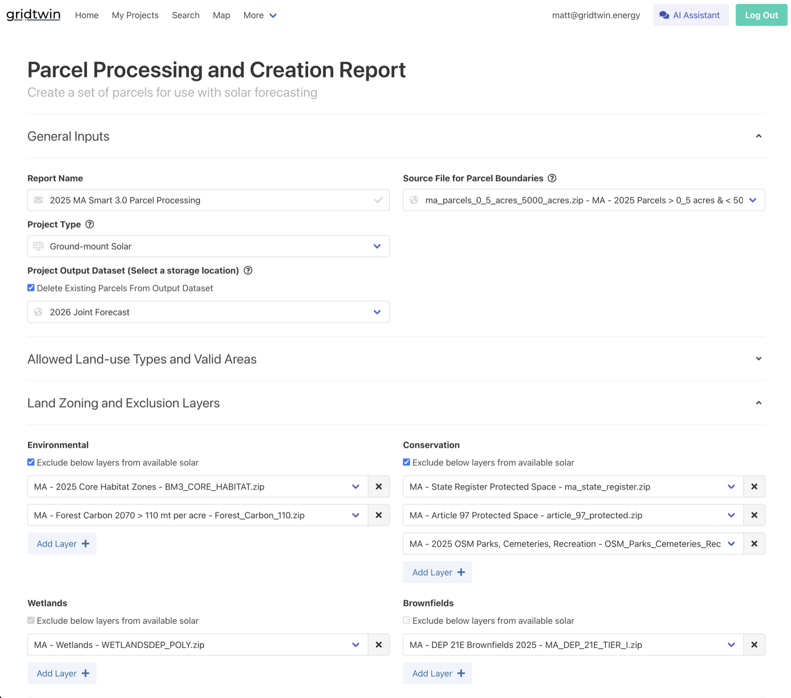 Parcel processing report configuration form